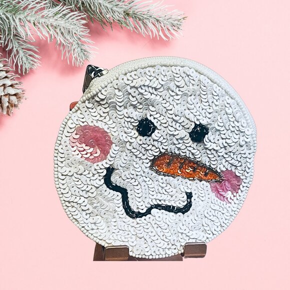 Seed Bead & Sequin Round Frosty The Snowman Zipper Coin Storage Pouch NEW - Picture 1 of 1